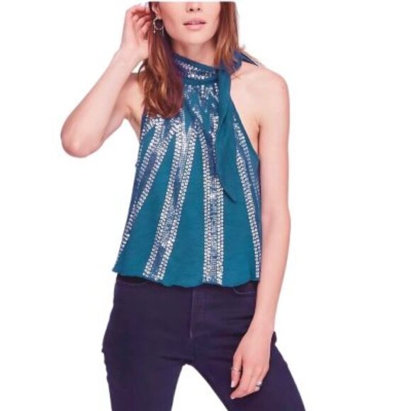 Free People Tops - Free People Glitter City Tie Neck Mock Neck Sequin Halter Top